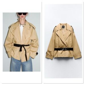 Zara Wrap V-Neck Belted Cropped Contrasting Short Trench Coat M-L Light Camel